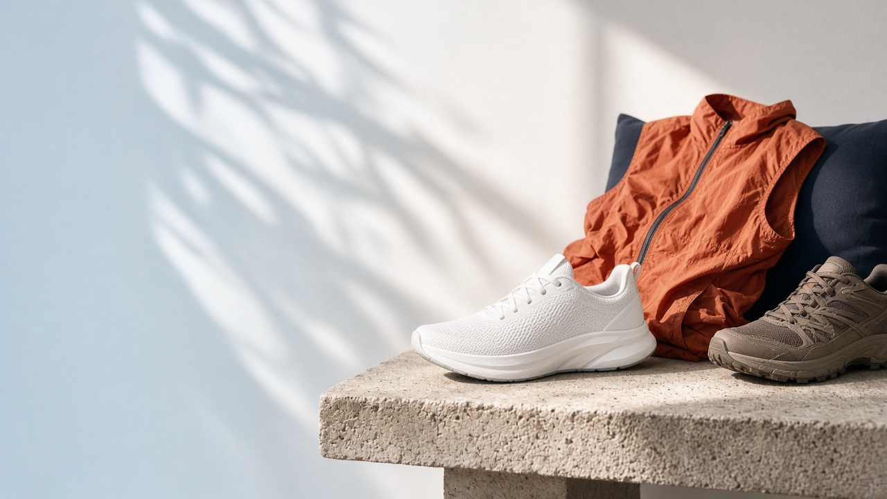 Vitrina deportiva: zapatillas y chaleco sobre wash draweb